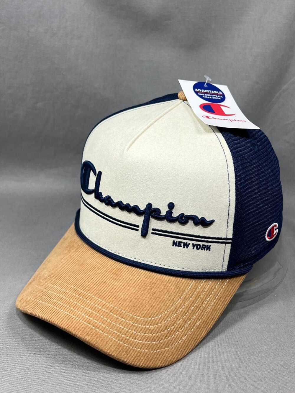 Champion New York Trucker Hat White Faux Suede Navy Mesh Corduroy Snapback Cap